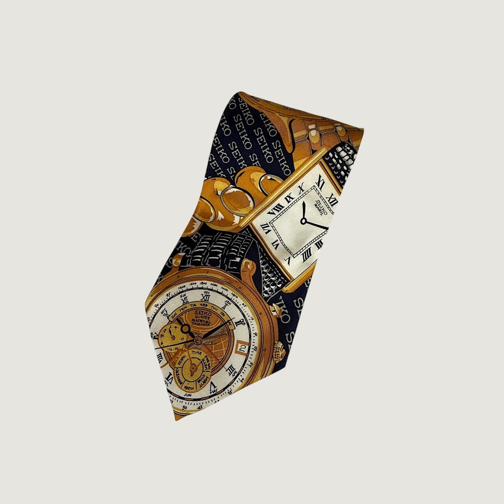 Vintage Seiko Watch Print Silk Necktie Rare Novelty Gold Blue Made Korea 90s
